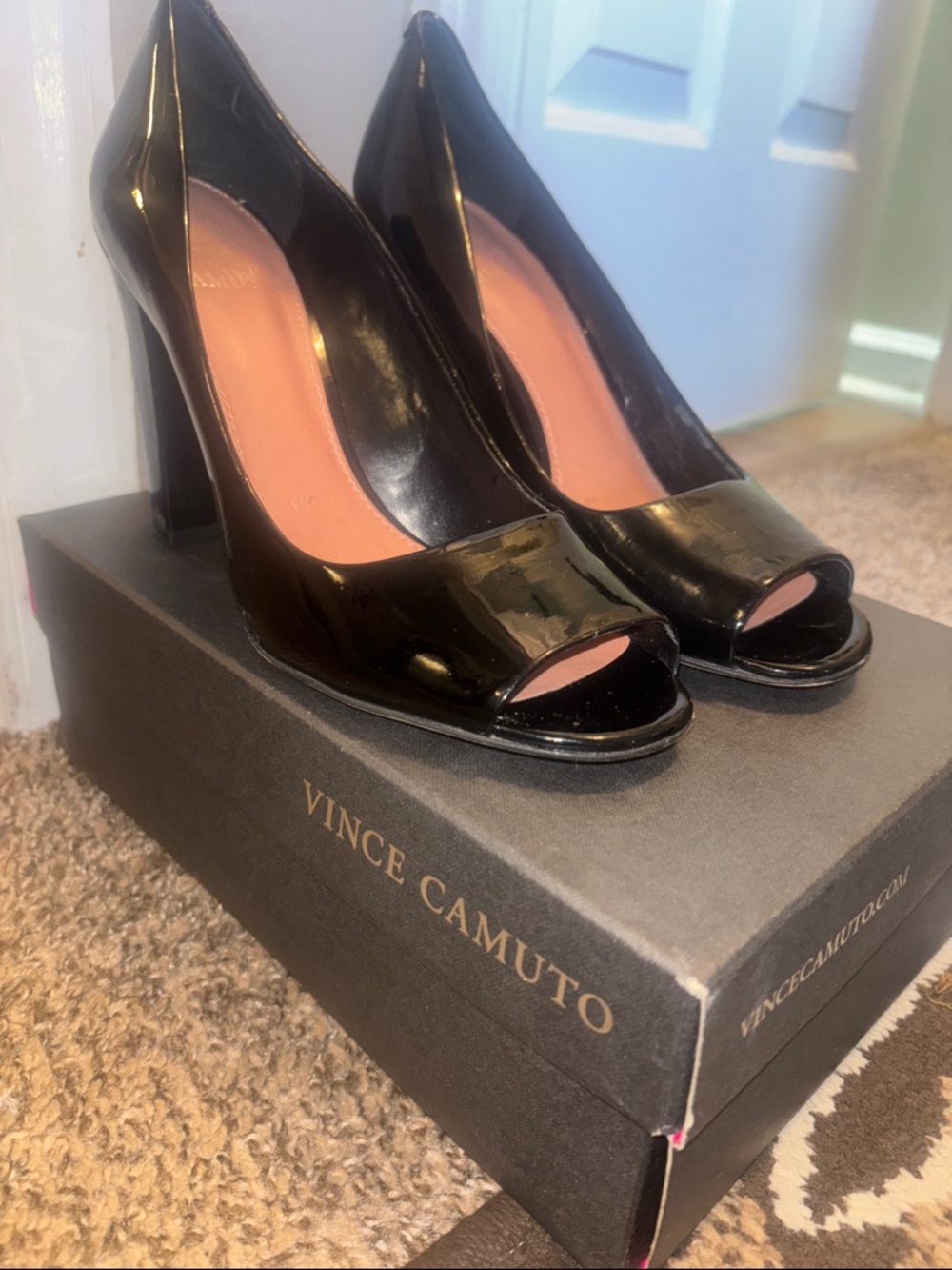 Vince Camuto Black Patent Open-Toe Pumps
